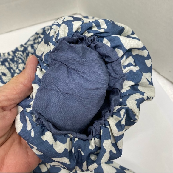 By Together Size S Blue & Cream Top Square Neck Gathered Bust Billowing Sleeves - Picture 4 of 12